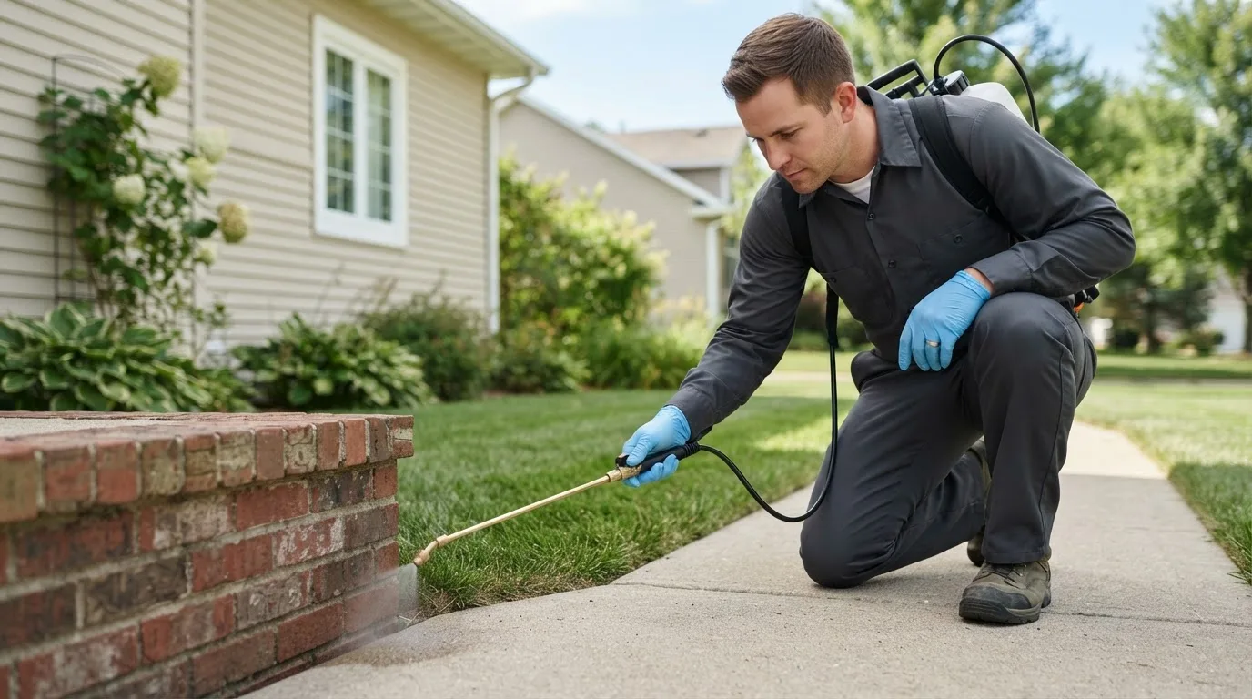 Pest control technician treating a home near East Marion, NY