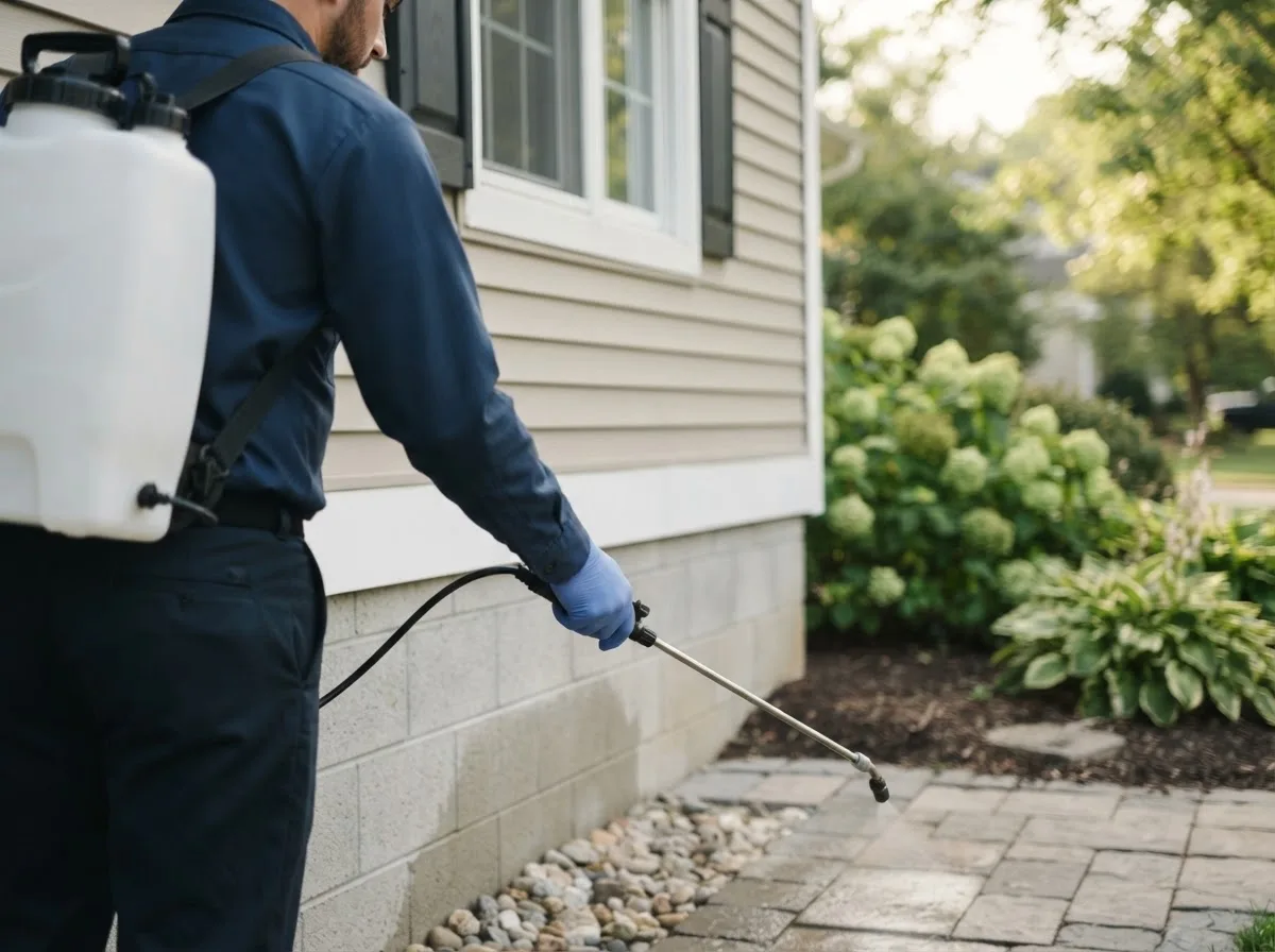 Pest control technician inspecting a home in East Marion, NY